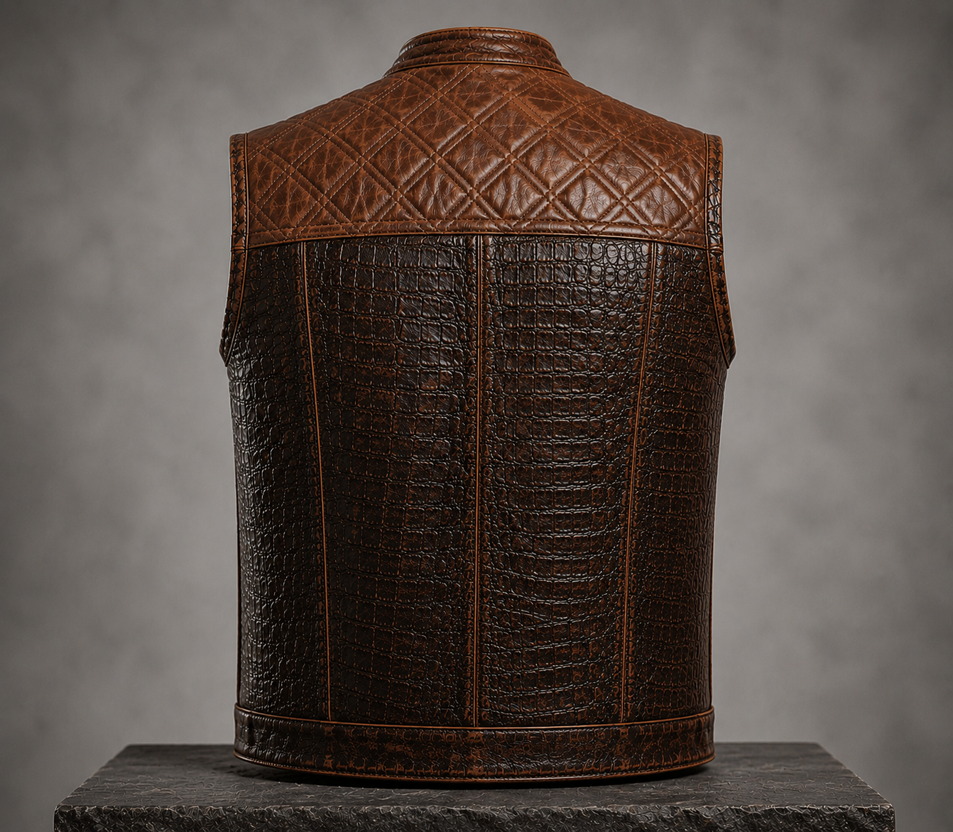 Handcrafted Brown Crocodile Embossed Cowhide Leather Vest – Men's Motorcycle Biker Waistcoat
