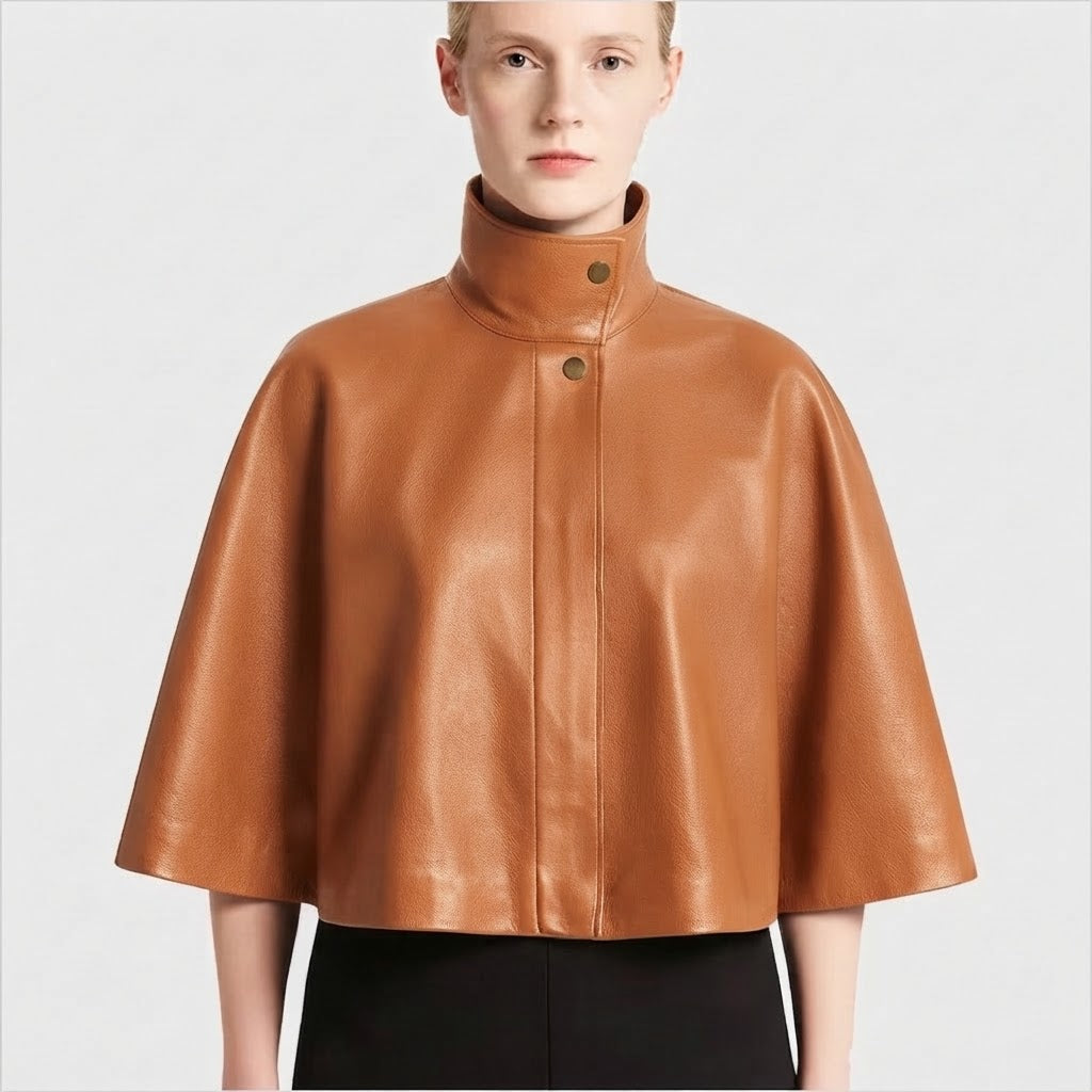 Women's Tan Lambskin Leather Cape with High Collar