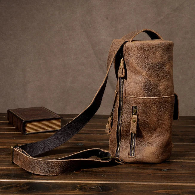 Men's Full Grain Cowhide Barrel Bag- Elephant Brown Vintage Motorcycle Sling Bag