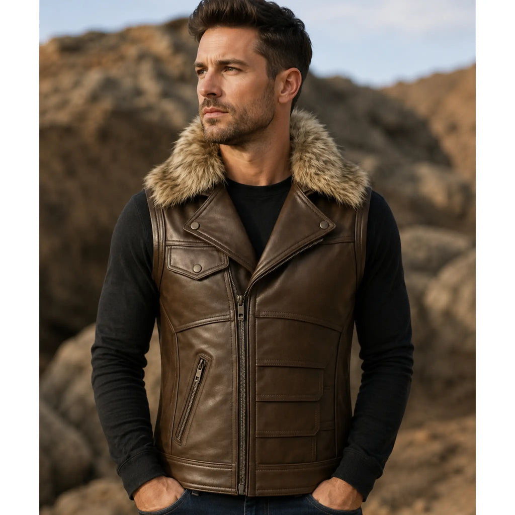 Men’s Brown Sheepskin Leather Vest front view