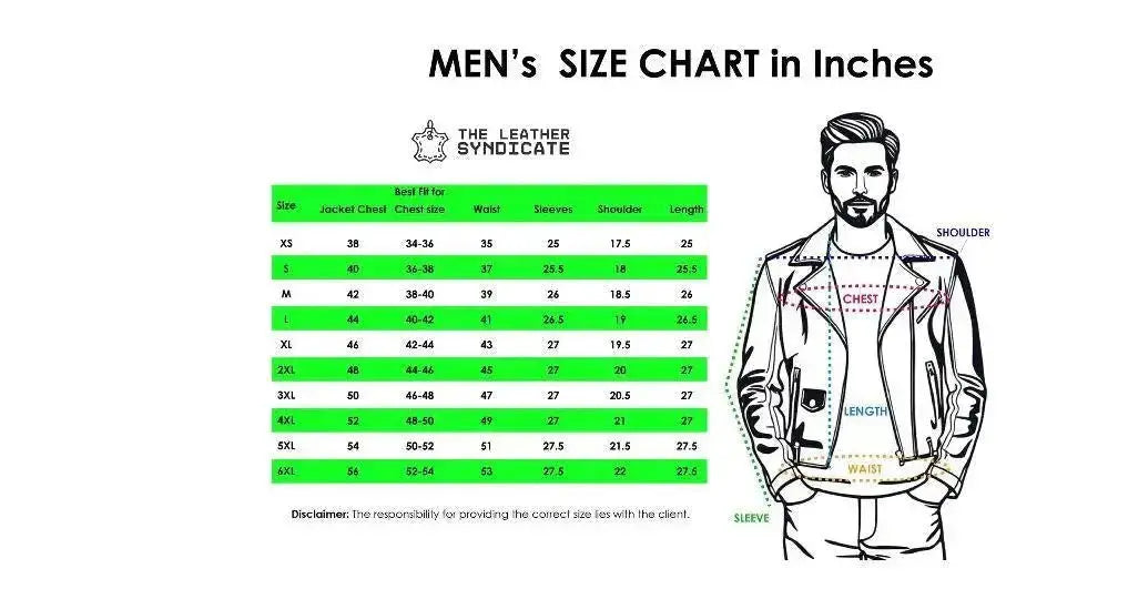 Men’s Brown Sheepskin Leather Vest size chart measurement 