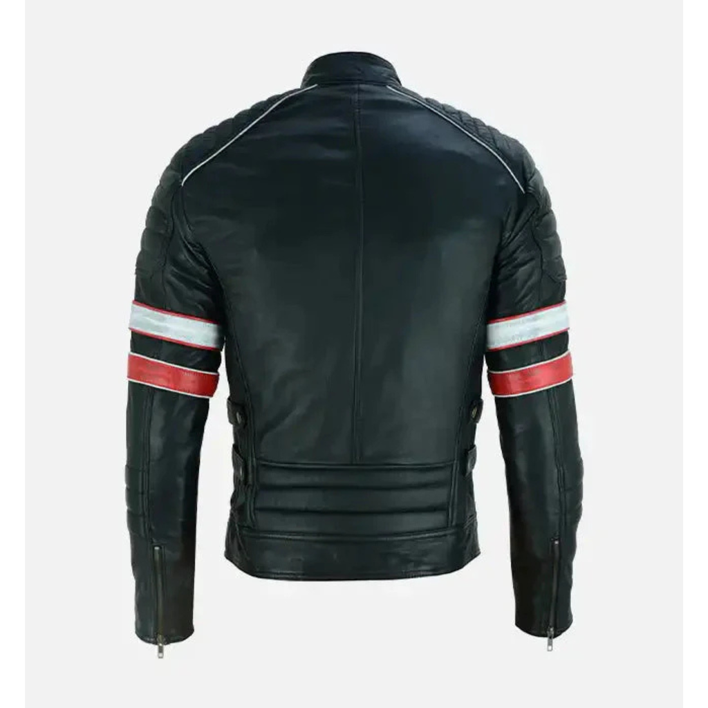 Men's Red & White Striped Cafe Racer Leather Jacket The Leather Syndicate