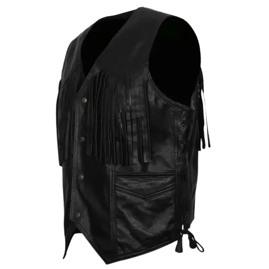 Men's Western Cowboy Fringe Black Leather Vest | Classic Biker Vest The Leather Syndicate