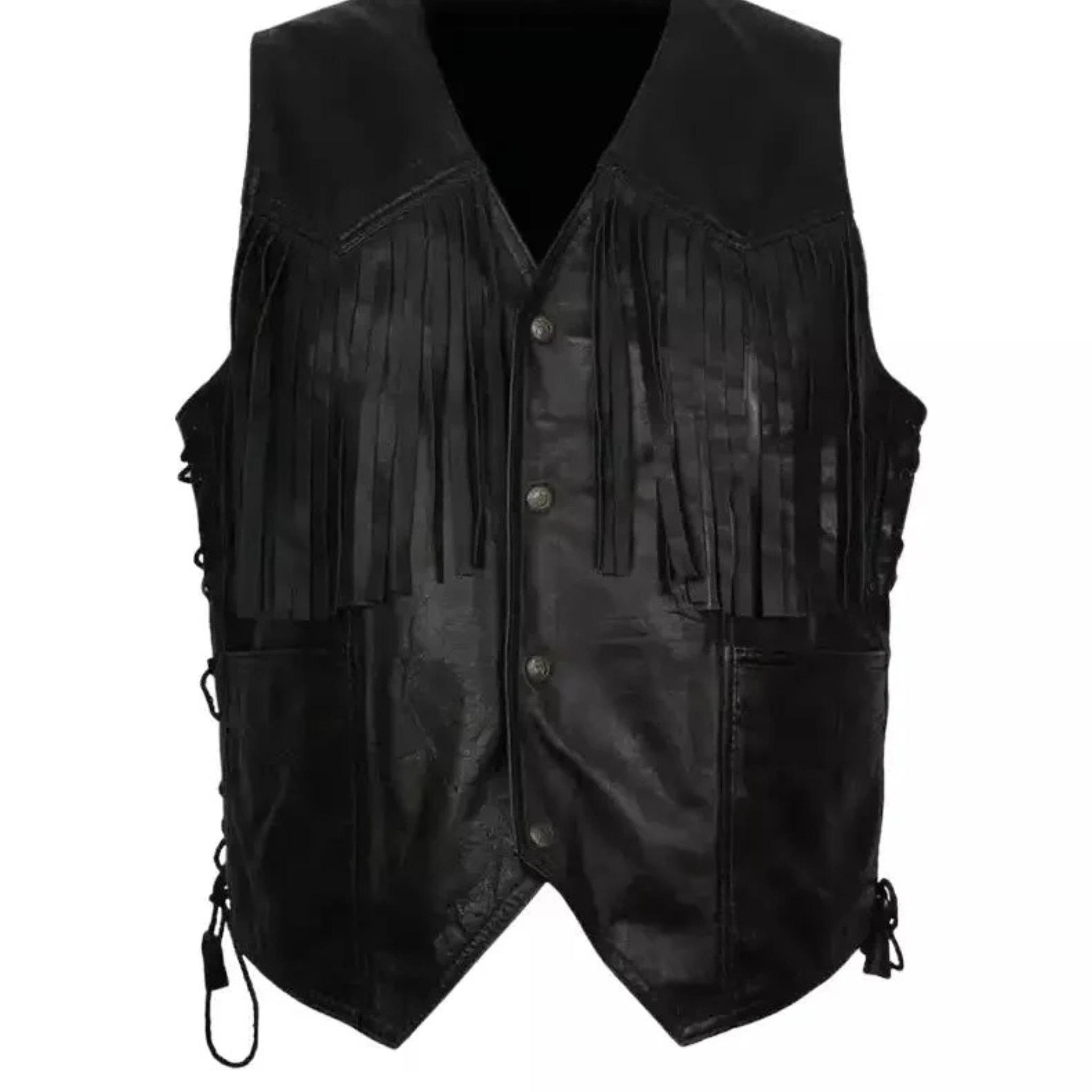Men's Western Cowboy Fringe Black Leather Vest | Classic Biker Vest The Leather Syndicate