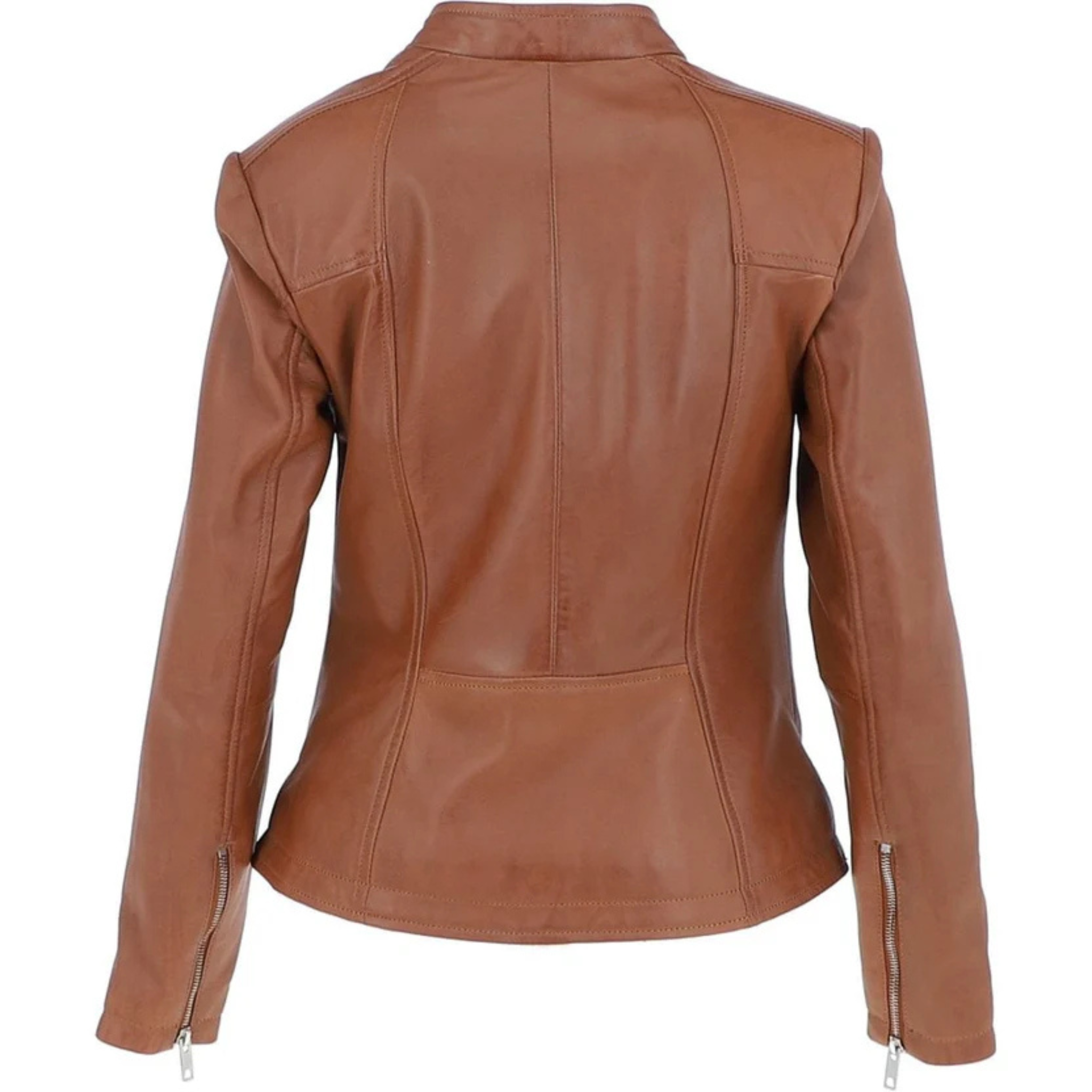 Stylish Ladies Tan Leather Moto Jacket with Mandarin Collar The Leather Syndicate