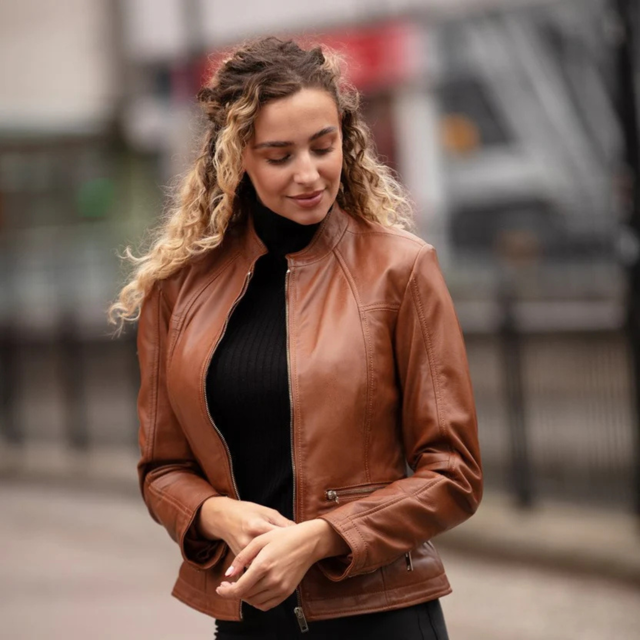 Stylish Ladies Tan Leather Moto Jacket with Mandarin Collar The Leather Syndicate