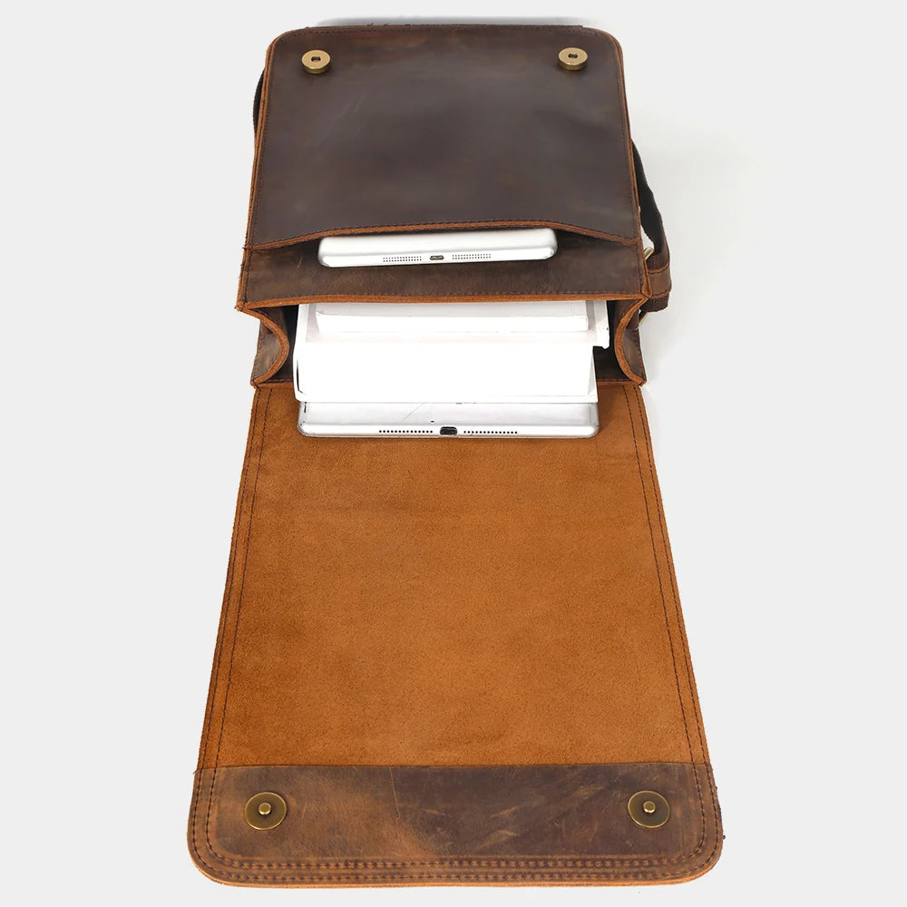  Dark Brown leather crossbody bag interior with tablet storage