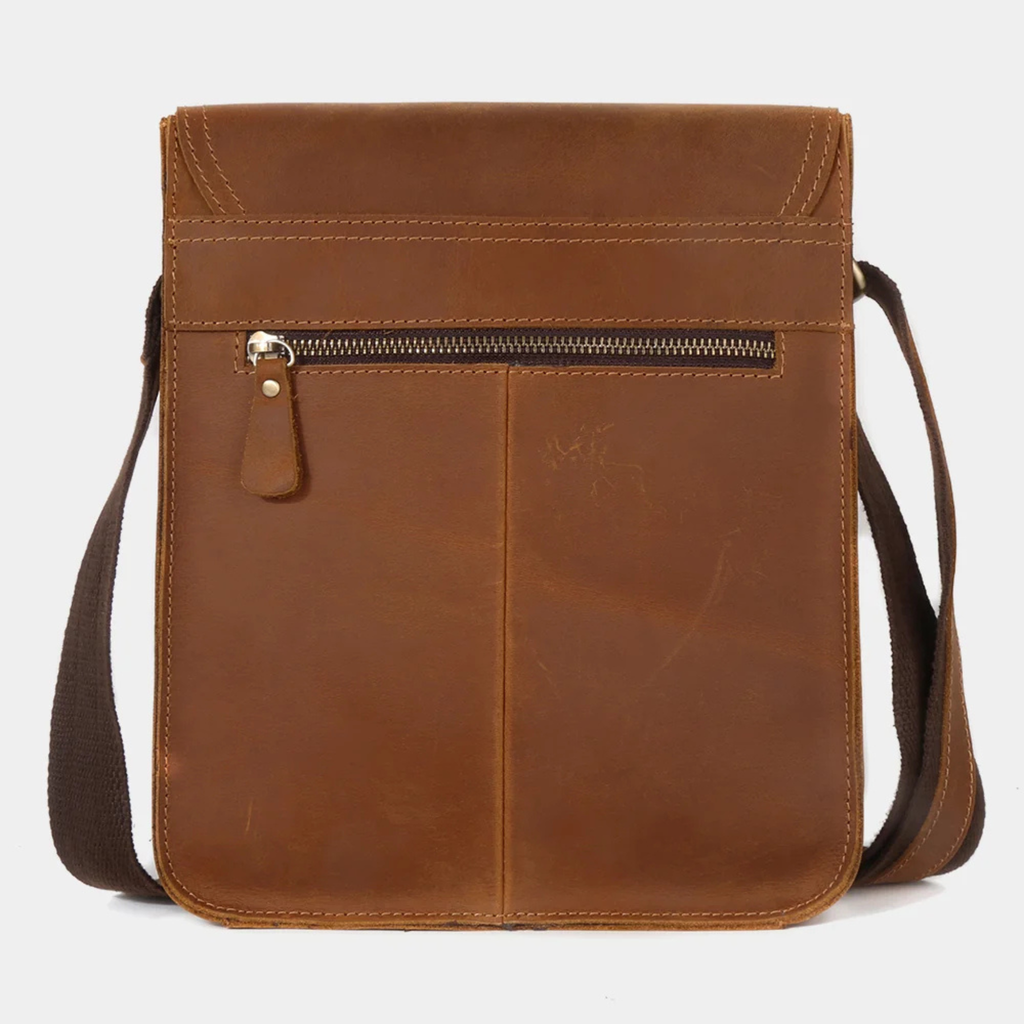 Brown leather sling bag rear view with zipper pocket