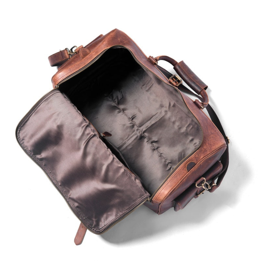 Handmade Full-Grain Leather Duffle Bag featuring spacious storage compartments
