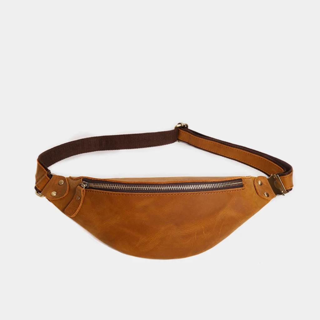 Tan leather waist bag with adjustable strap