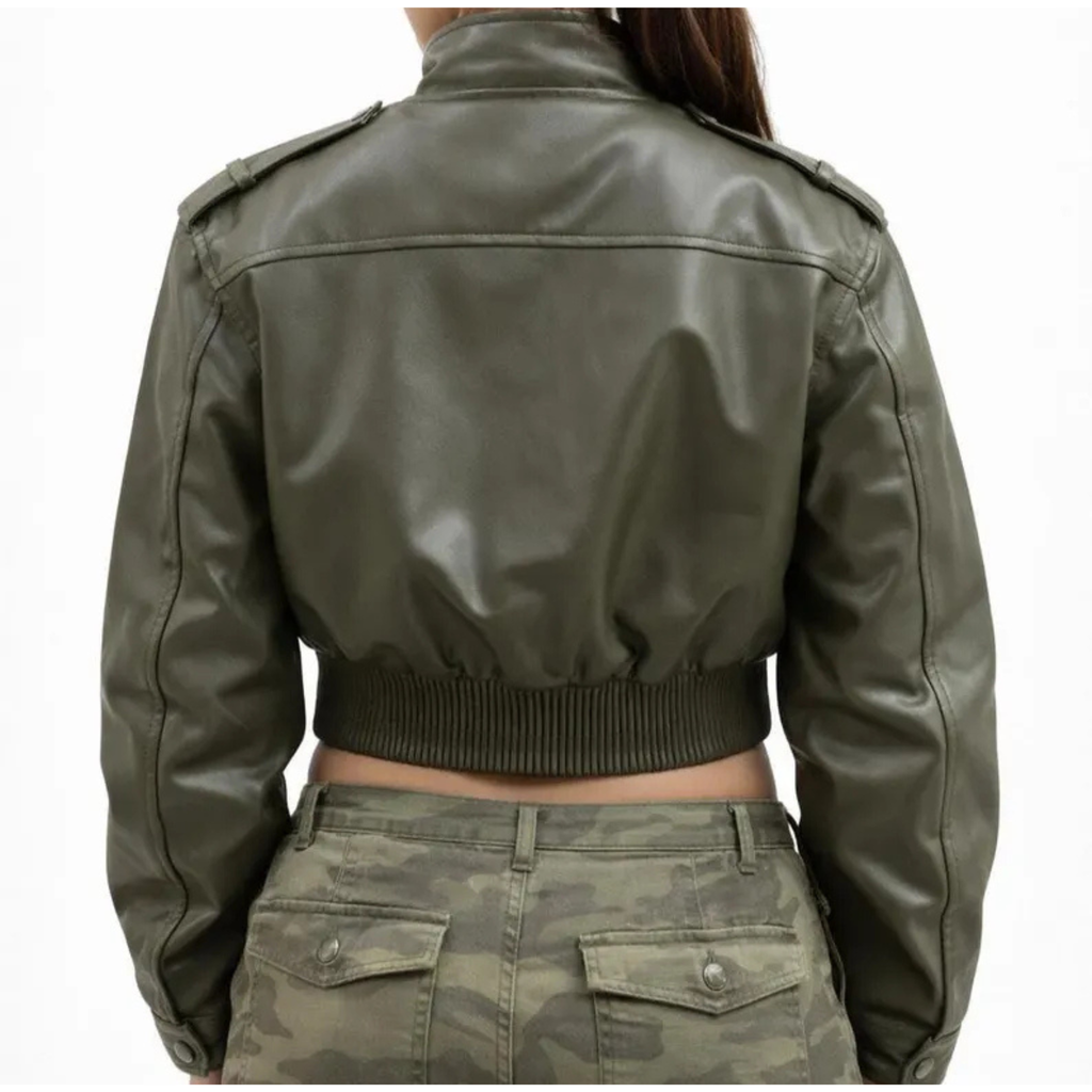 womens olive green cropped leather jacket back view