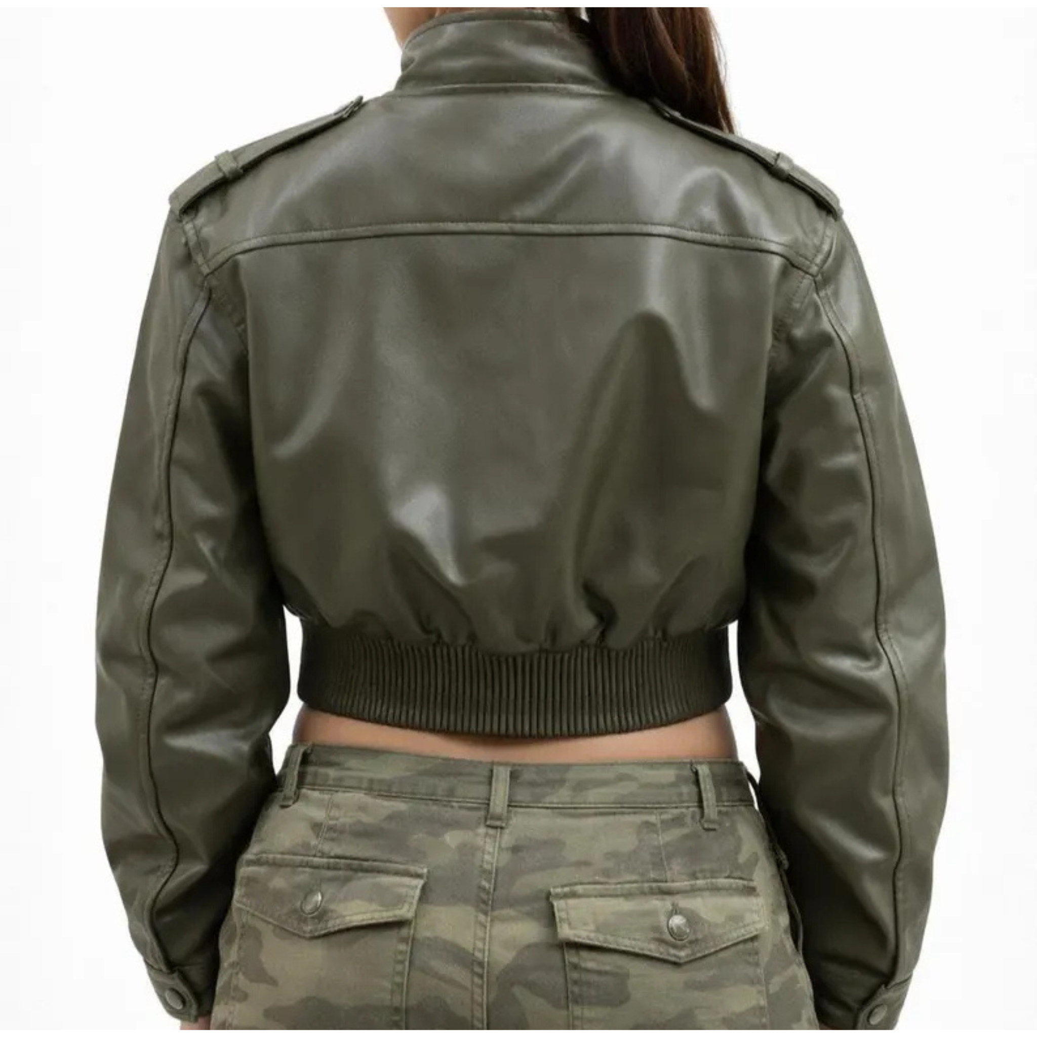 womens olive green cropped leather jacket back view