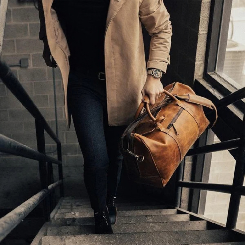 Custom Engraved Men's Cowhide Leather Overnight Travel Bag