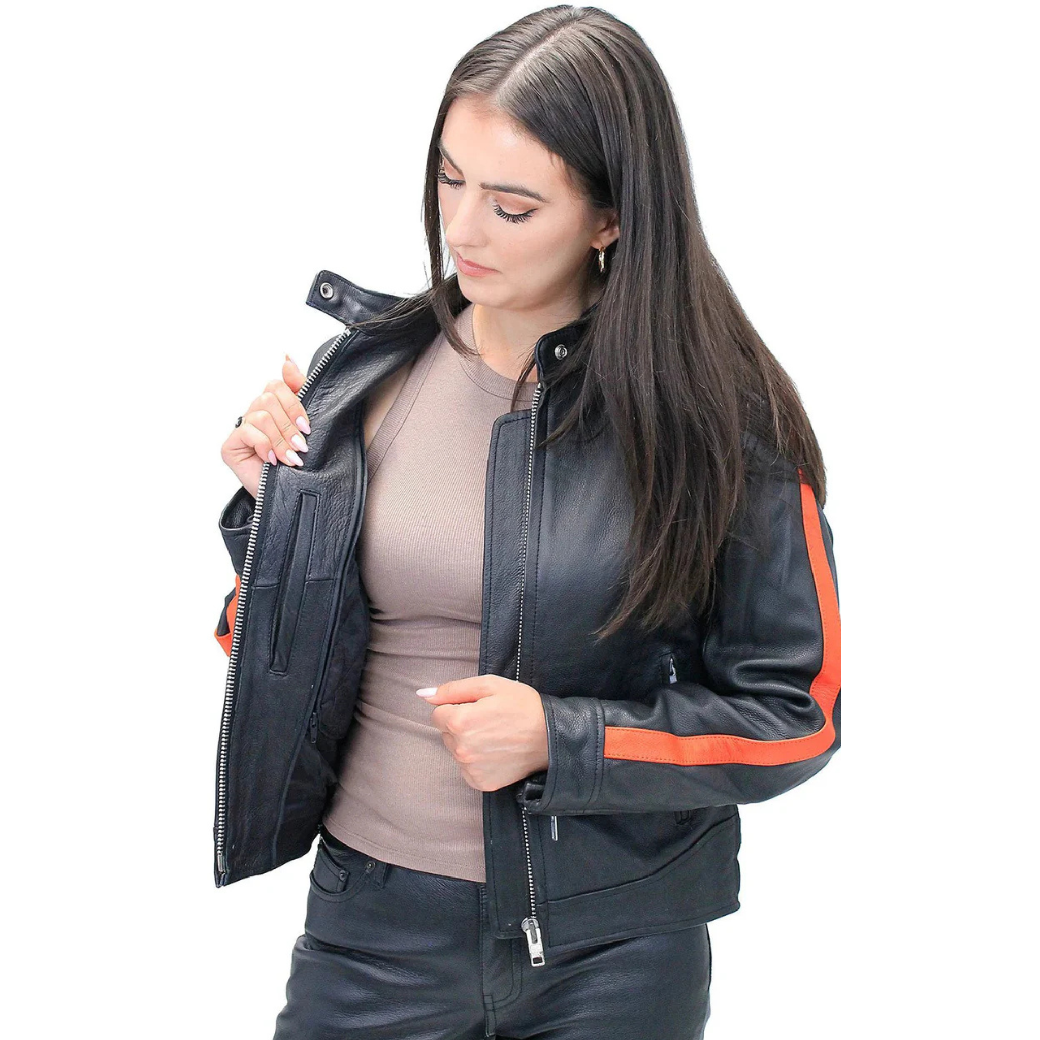 Orange Strip Women's Leather Motorcycle Jacket The Leather Syndicate