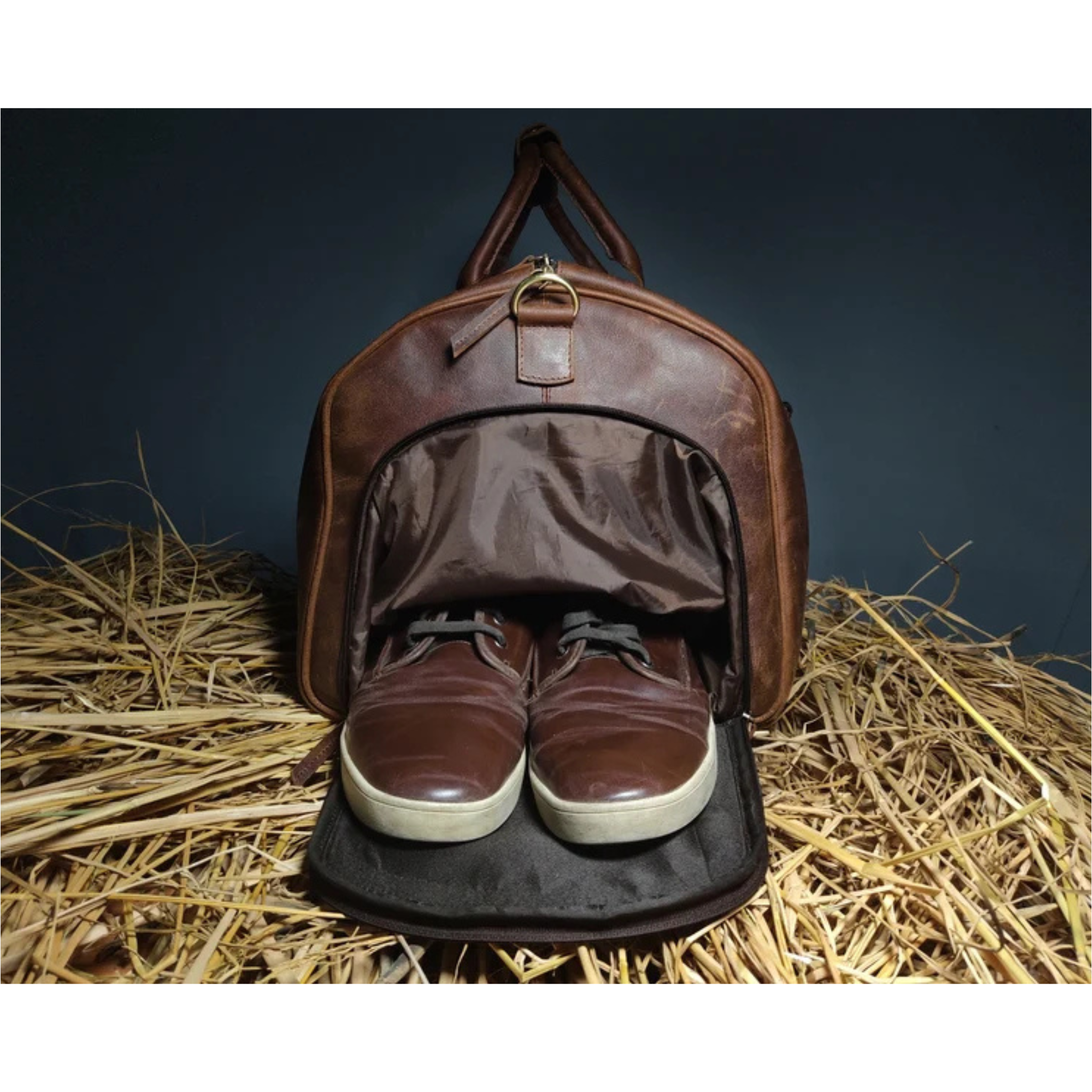 Personalized Leather Weekender Bag with Shoe Compartment & 18" Laptop Sleeve
