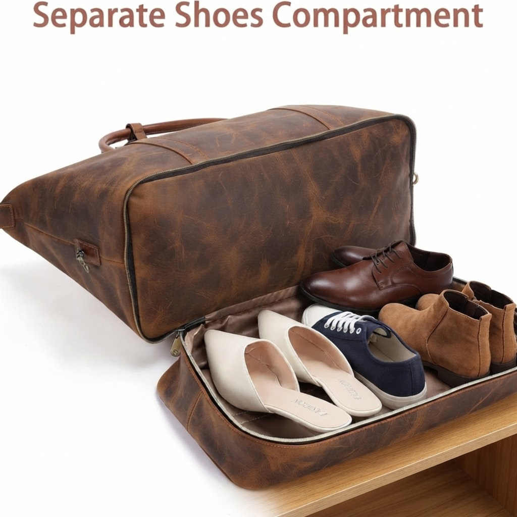 Vintage Brown Cowhide Leather Weekender Bag for Women | Overnight Travel Duffle with Shoe Compartment