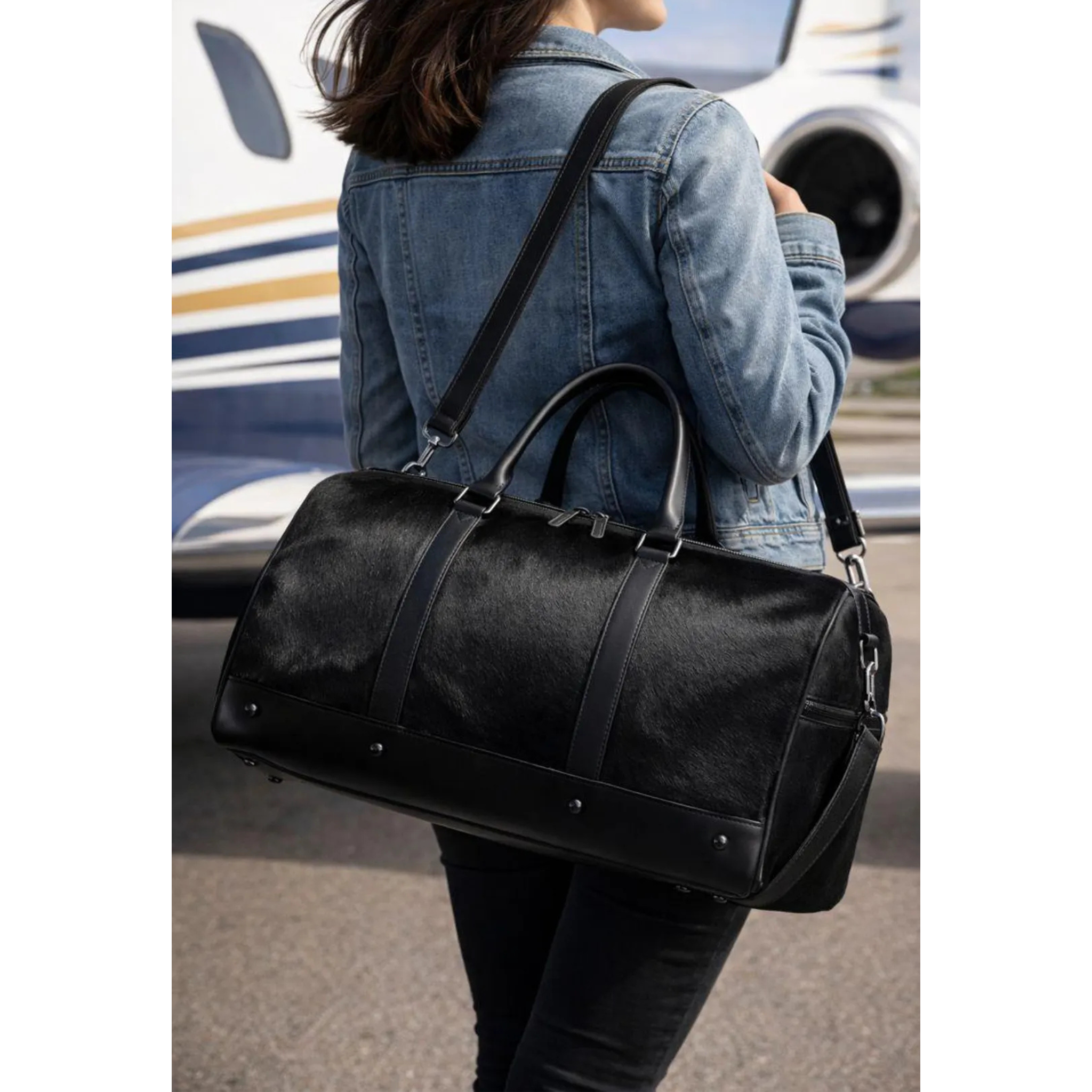 Handmade Black Cowhide Leather Duffle Bag – Hair On Hide Travel Weekender