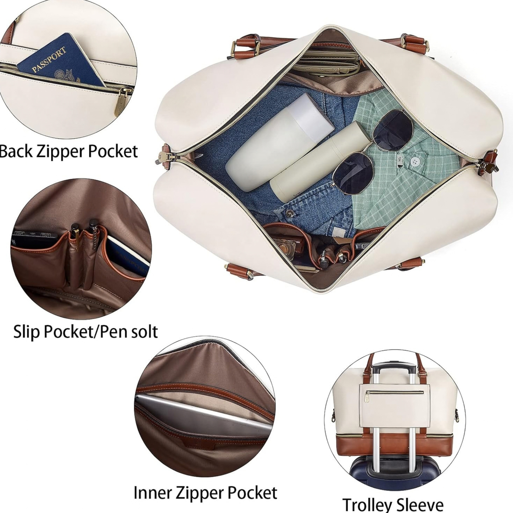 Women's Cowhide Leather Weekender Bag – Large Travel Duffle with Shoe Compartment