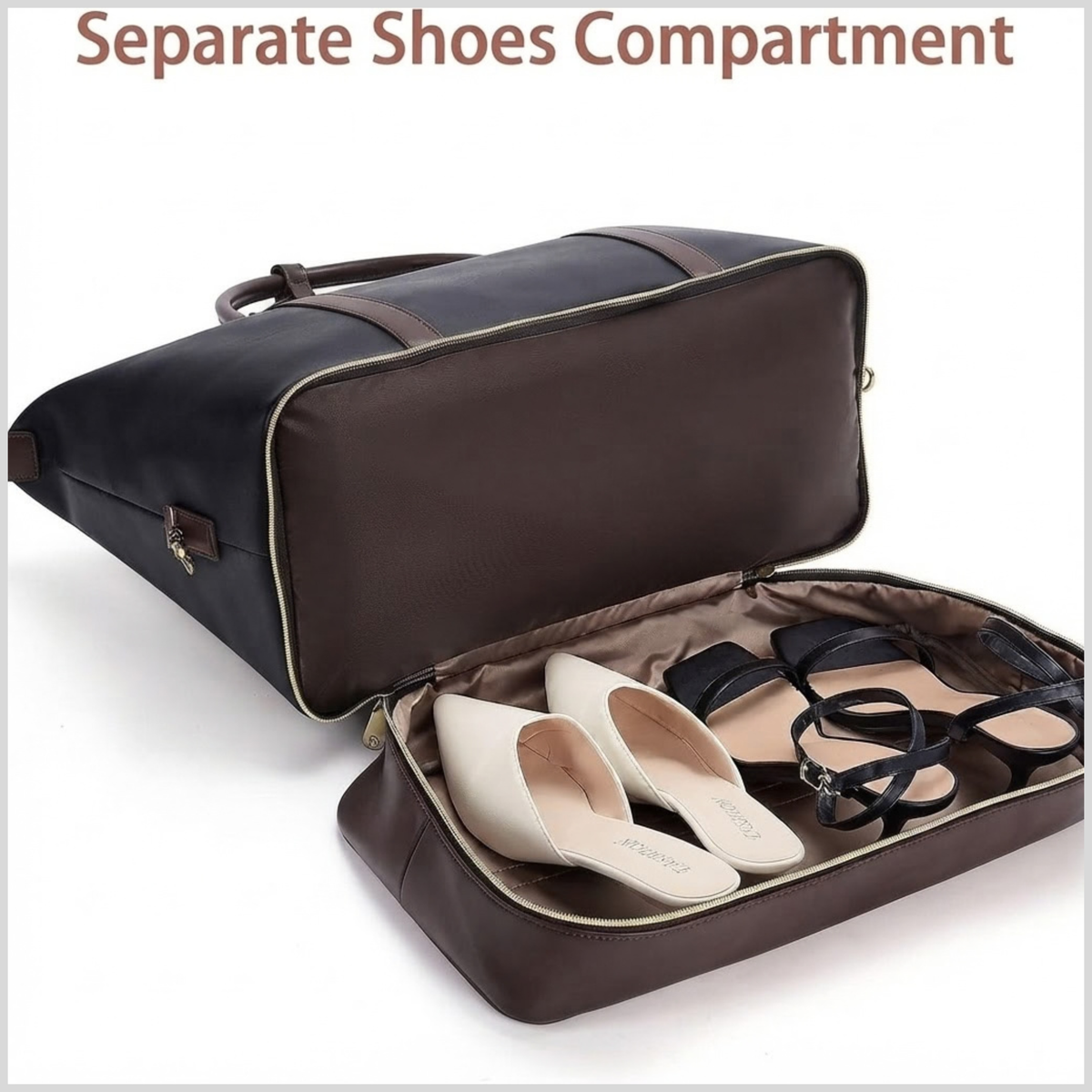 Black & Brown Cowhide Leather Weekender Bag – Large Travel Duffle with Shoe Compartment