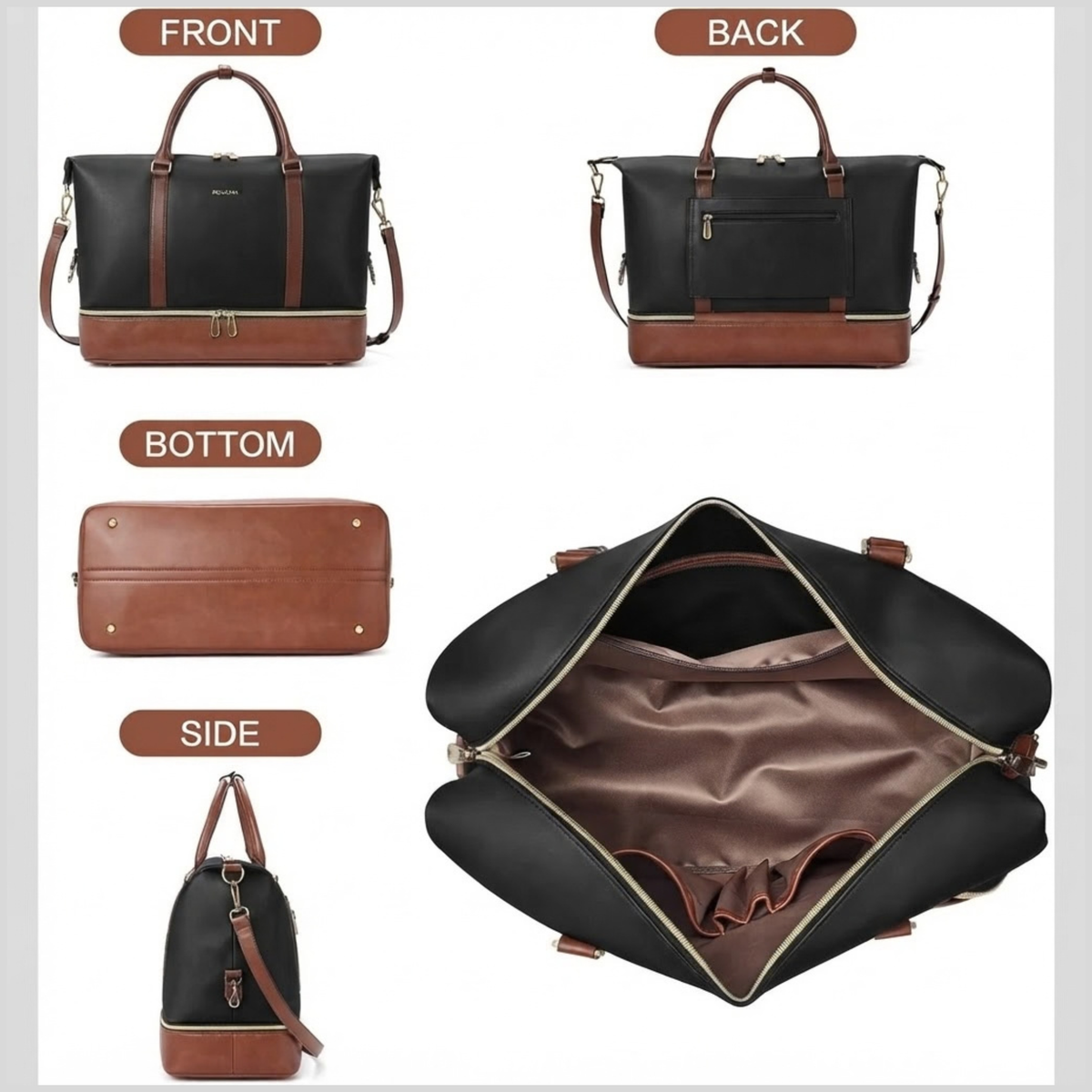 Black & Brown Cowhide Leather Weekender Bag – Large Travel Duffle with Shoe Compartment
