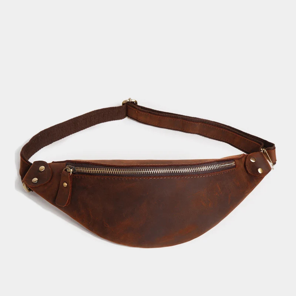 Dark brown genuine cowhide leather sling bag front view