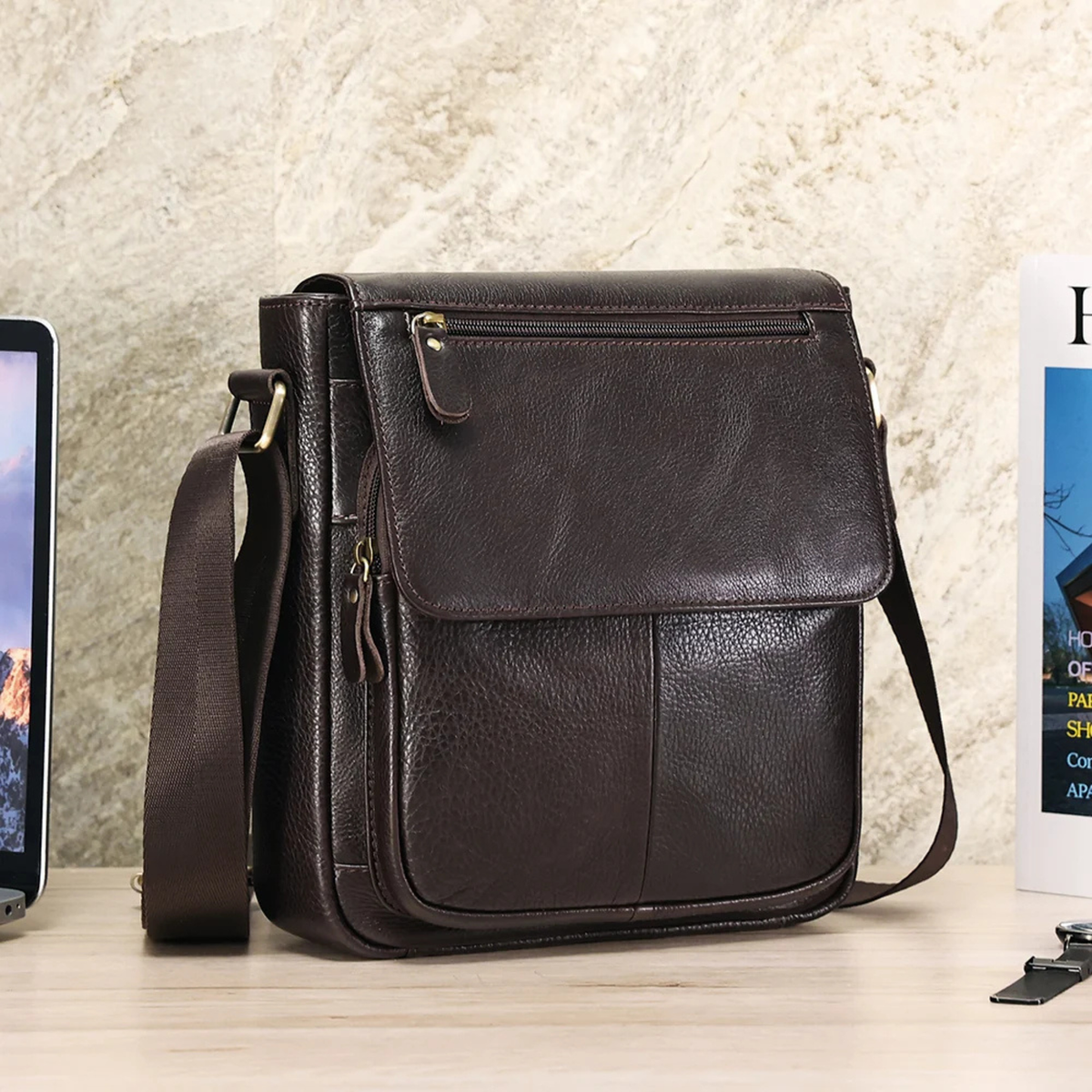 Dark brown leather crossbody bag rear and front view