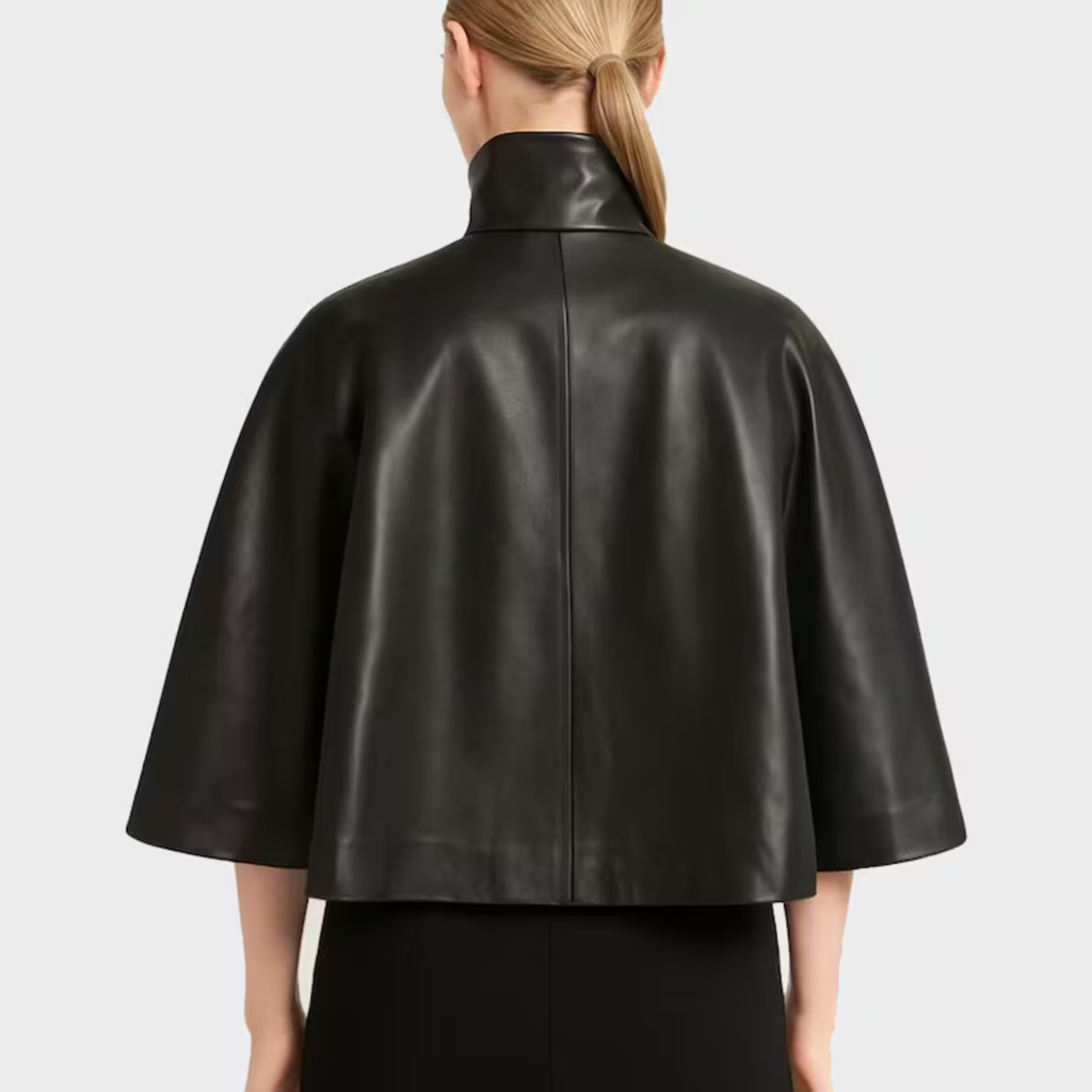 Women's Black Lambskin Leather Cape with High Collar