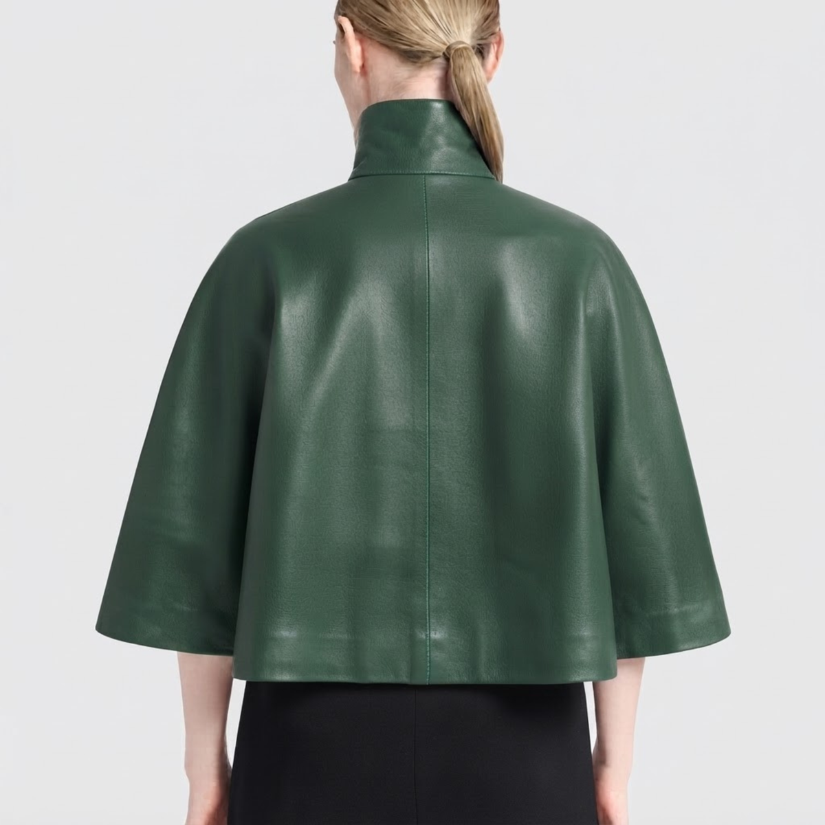Women's Green Leather Cape – Genuine Lambskin Capelet with High Collar