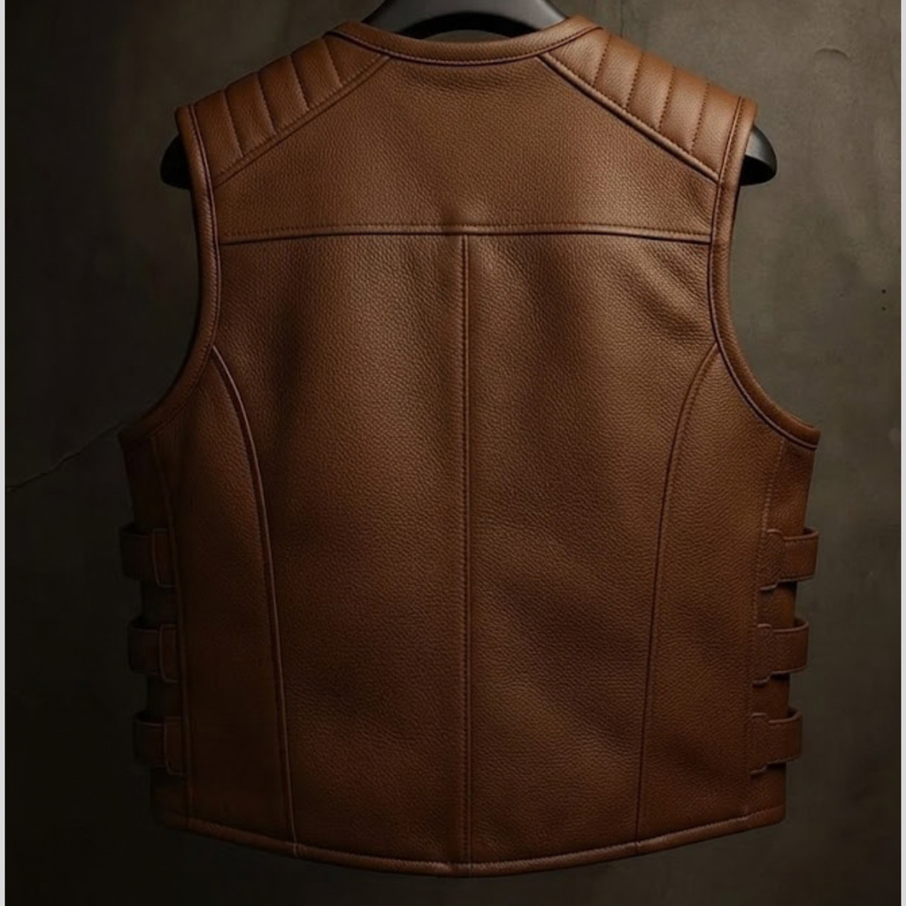 Men's Brown Real Sheepskin Leather Biker Vest -Padded Shoulder Riding Waistcoat