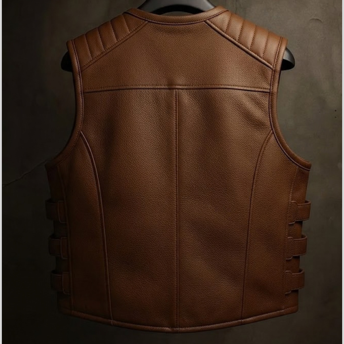 Men's Brown Real Sheepskin Leather Biker Vest -Padded Shoulder Riding Waistcoat