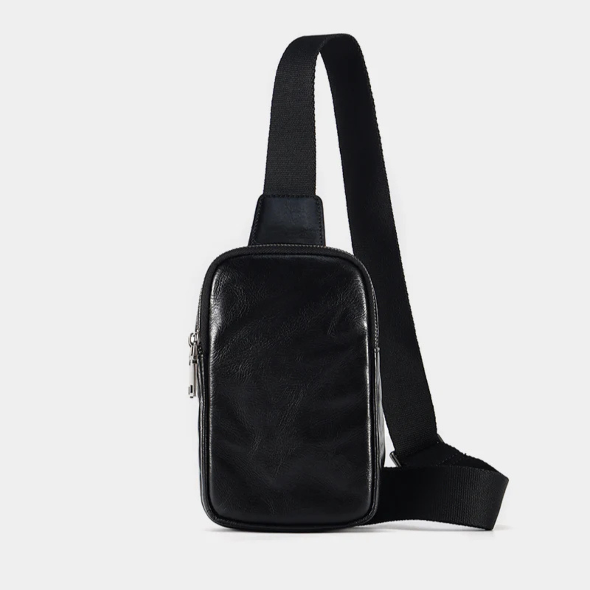 Black leather crossbody bag front view