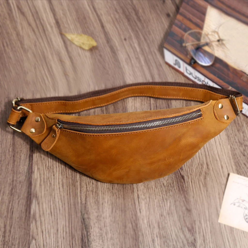 Tan genuine leather sling bag front view