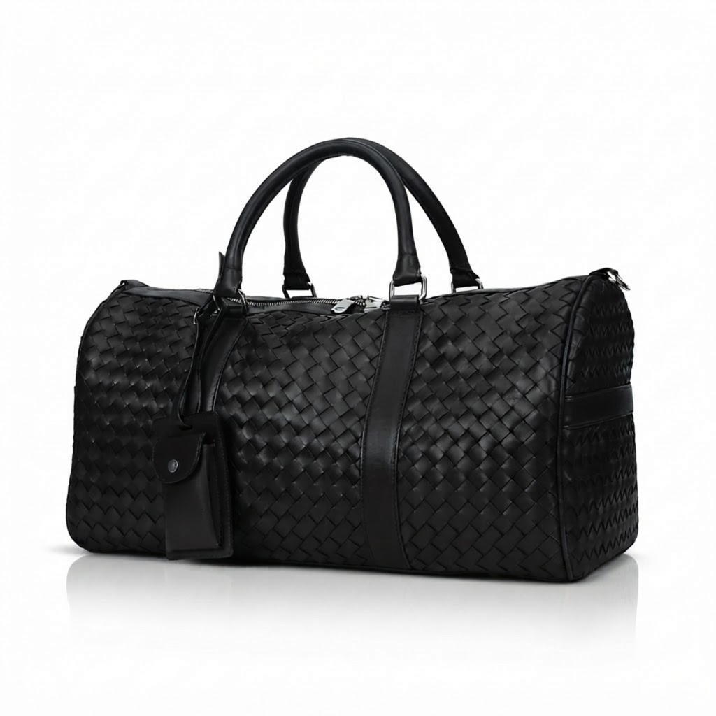 Black Intrecciato Full-Grain Cowhide Leather Weekender Duffle Bag