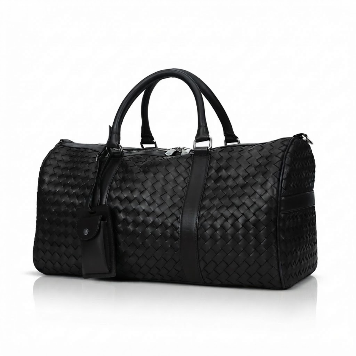 Black Intrecciato Full-Grain Cowhide Leather Weekender Duffle Bag