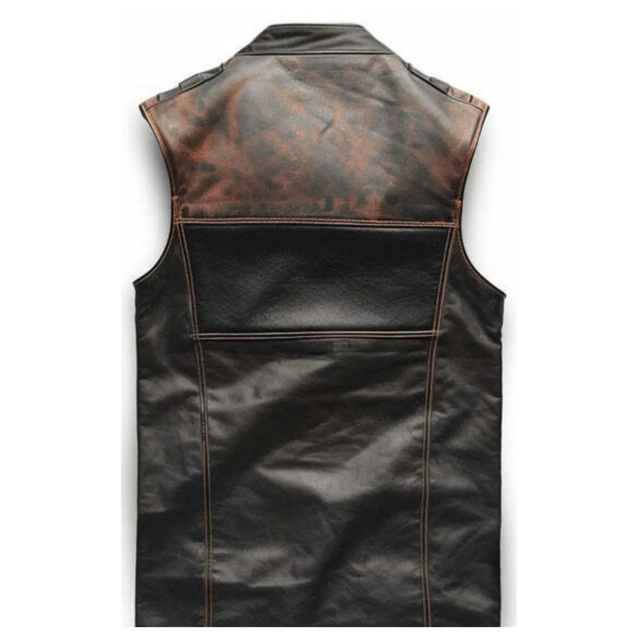 Men’s brown black distressed leather motorcycle vest back view