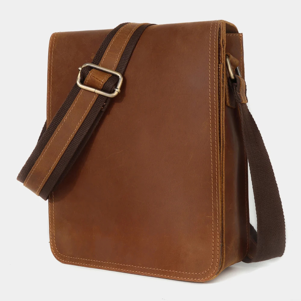 Brown top grain leather crossbody bag front view