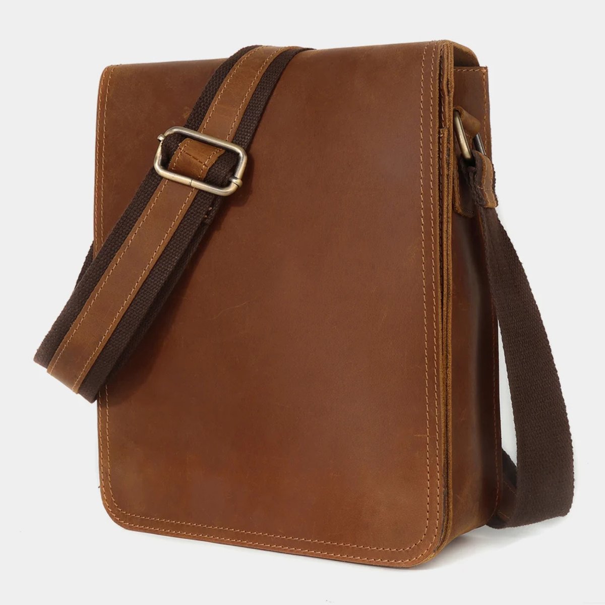 Brown top grain leather crossbody bag front view