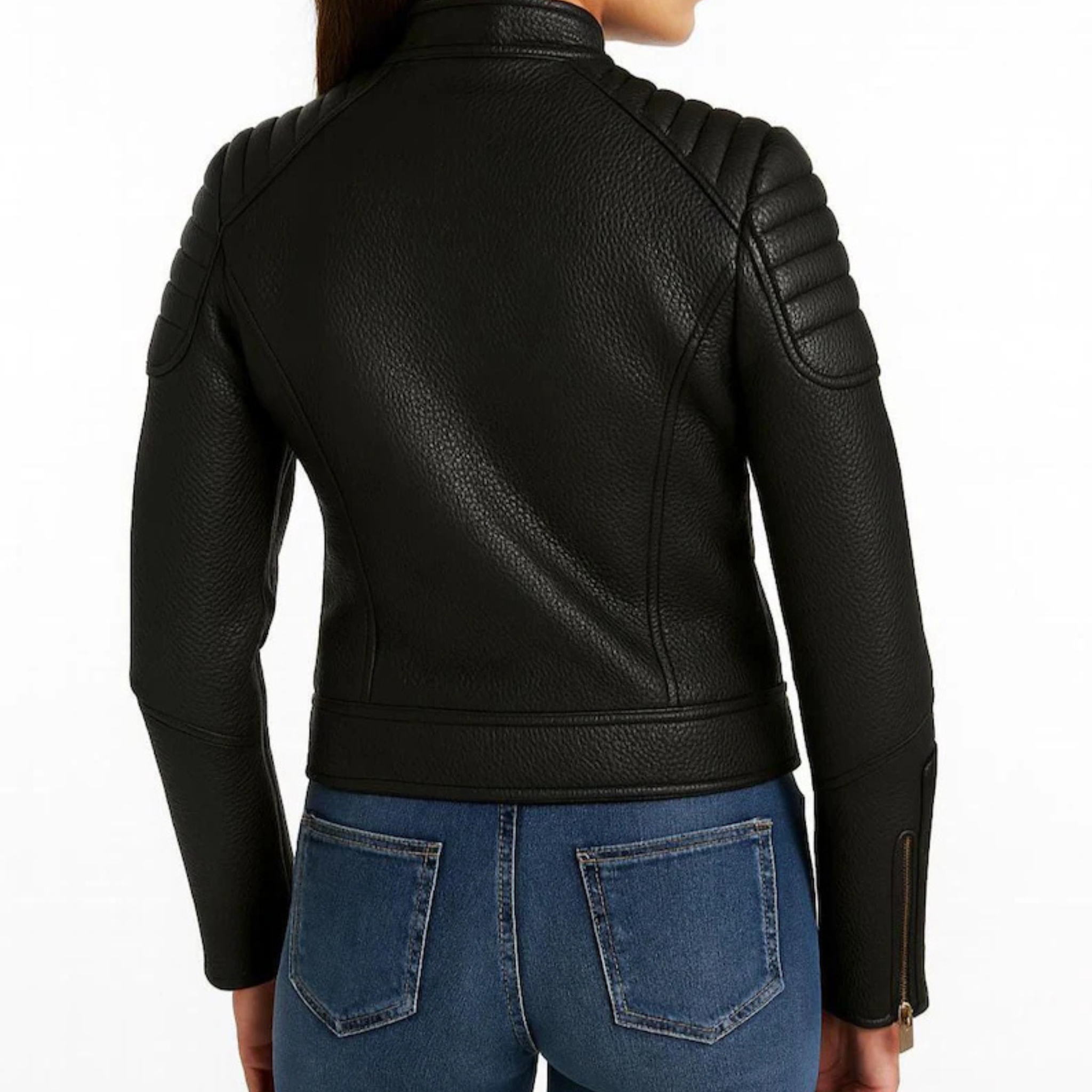 Womens Handmade Sheepskin Leather Biker Jacket back view