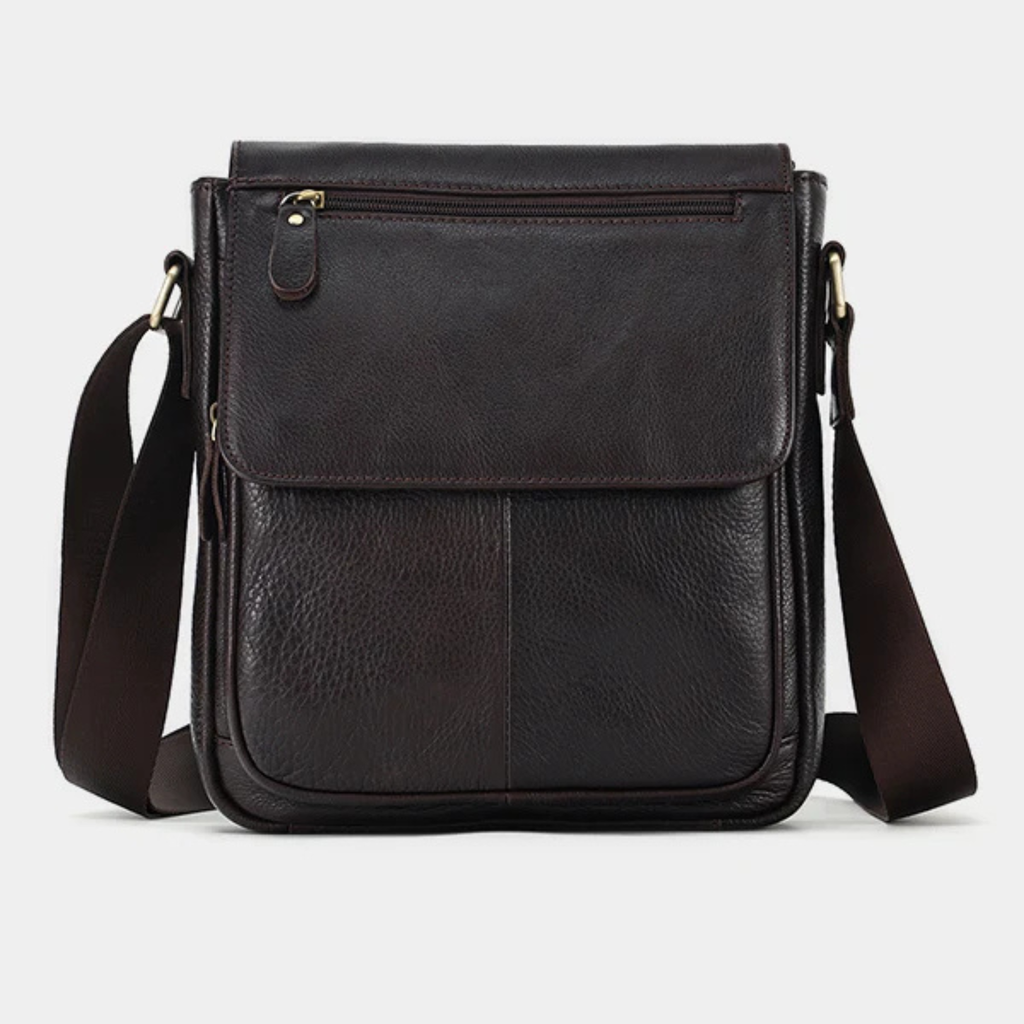 Dark brown genuine cowhide leather messenger bag front view
