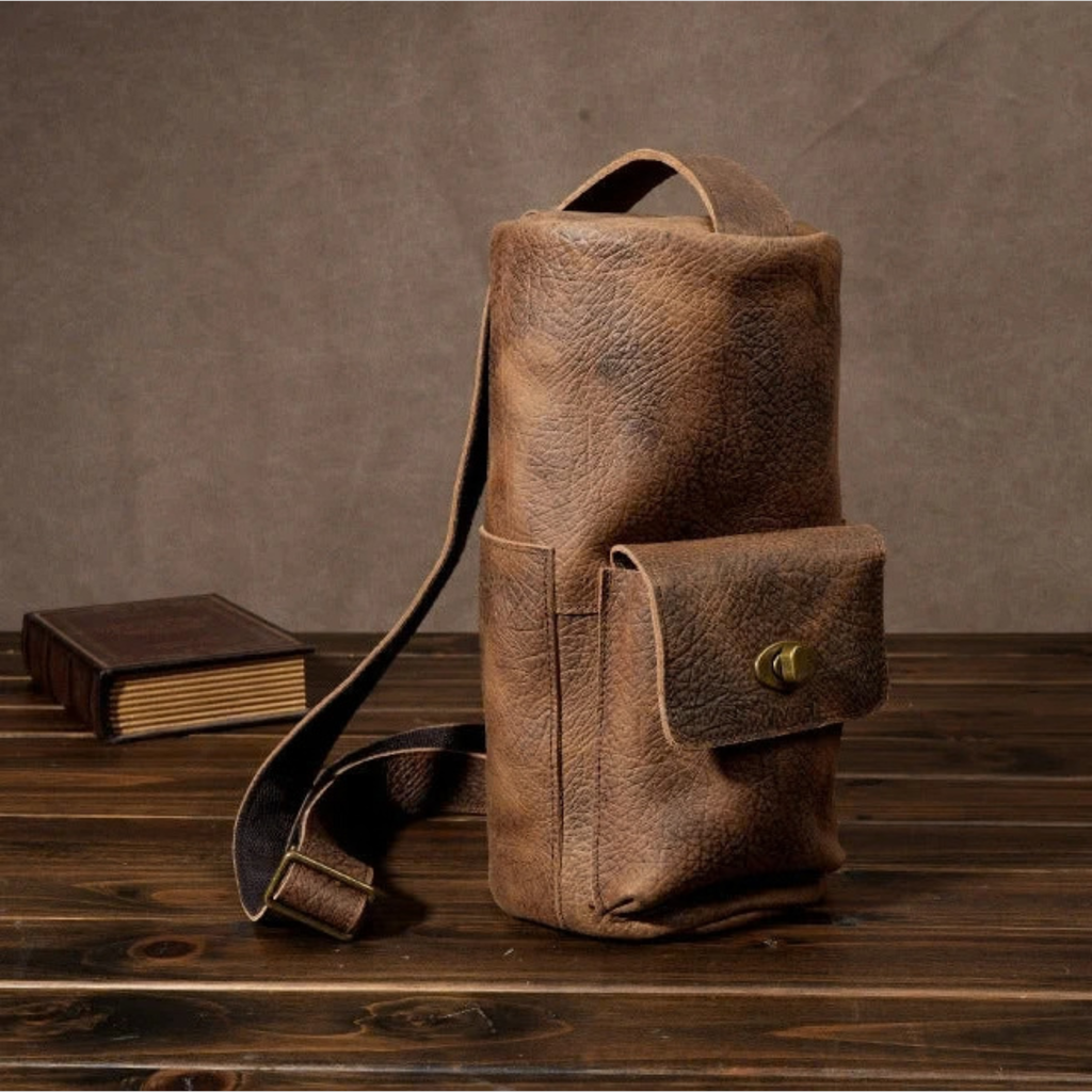 Men's Full Grain Cowhide Barrel Bag- Elephant Brown Vintage Motorcycle Sling Bag