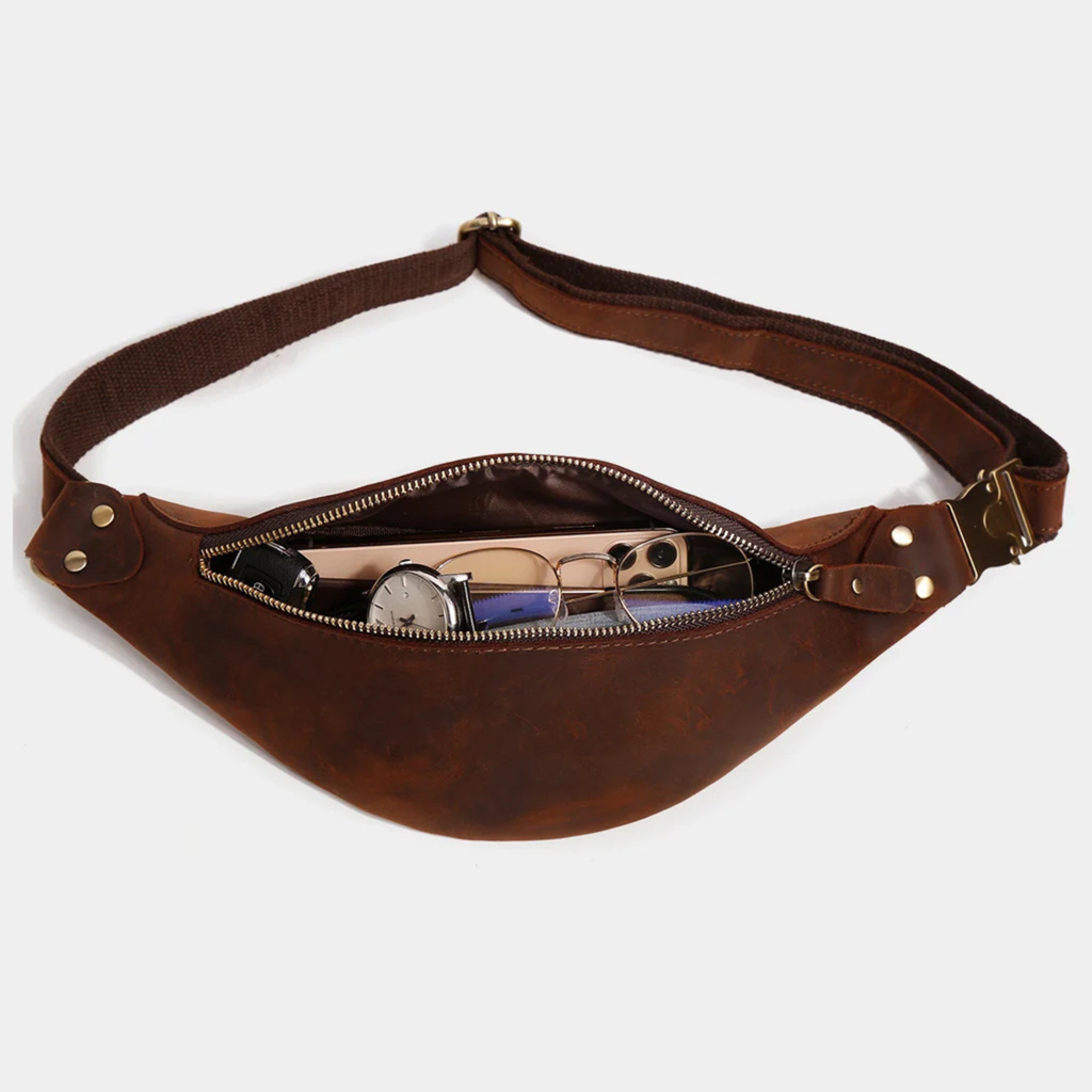 Dark brown leather sling bag with zipper compartment
