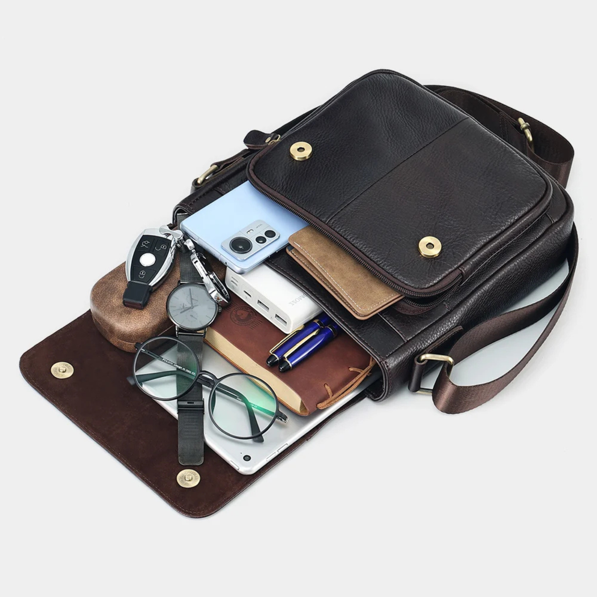 Dark brown cowhide leather crossbody bag with multiple pockets