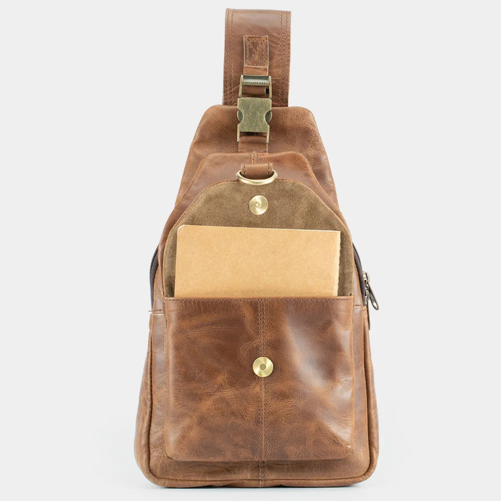 Brown leather crossbody bag with magnetic front pocket