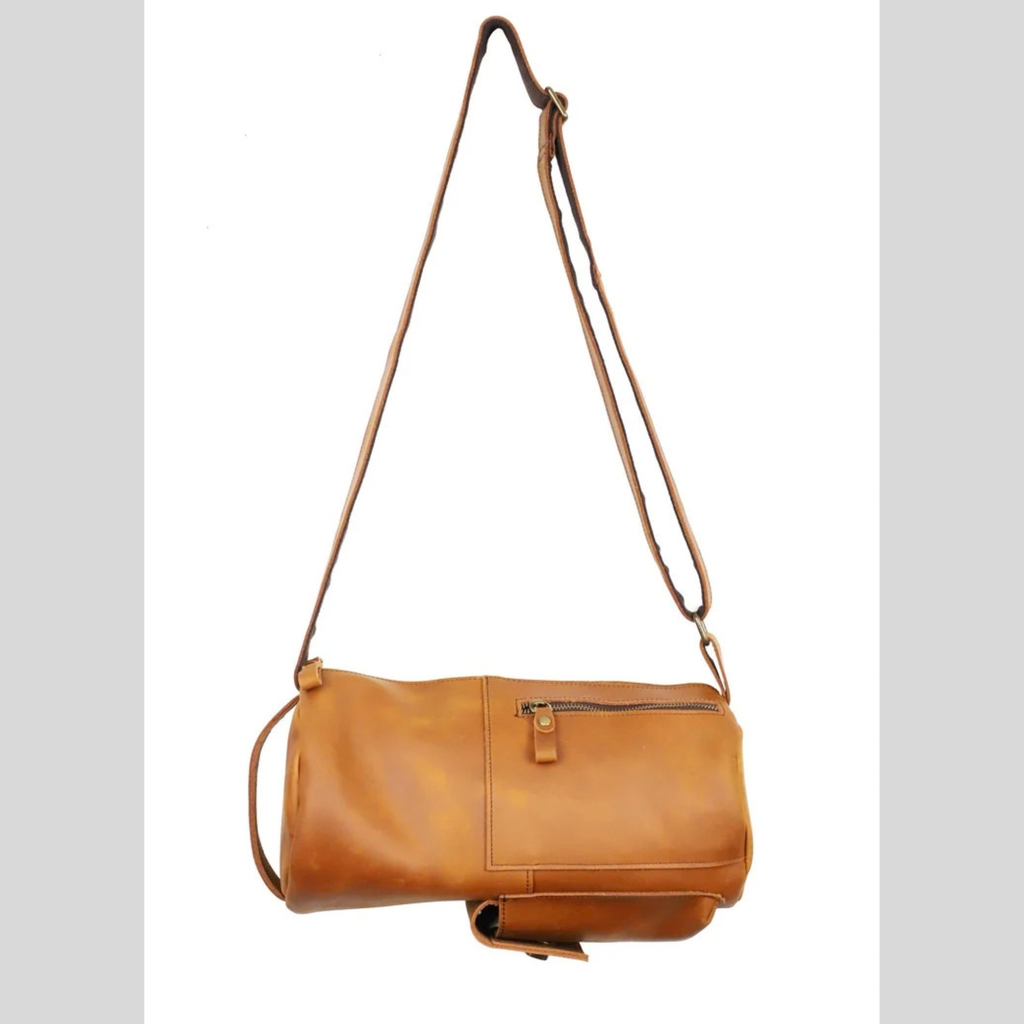 Full Grain  Cowhide Leather Round Barrel Bag – Men's Vintage Motorcycle Crossbody Sling Bag