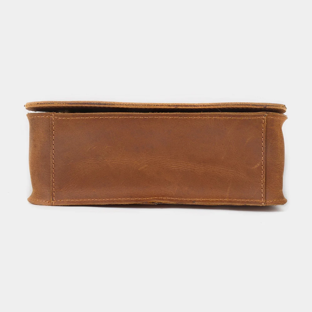 Brown leather crossbody bag side profile