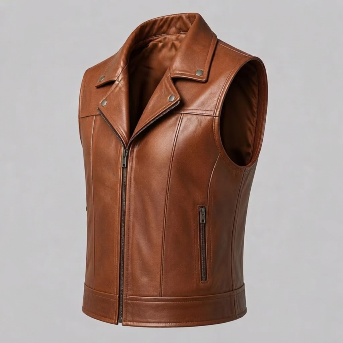 Men's Real Sheepskin Leather Biker Vest, Brown Sleeveless Motorcycle Waistcoat for Men