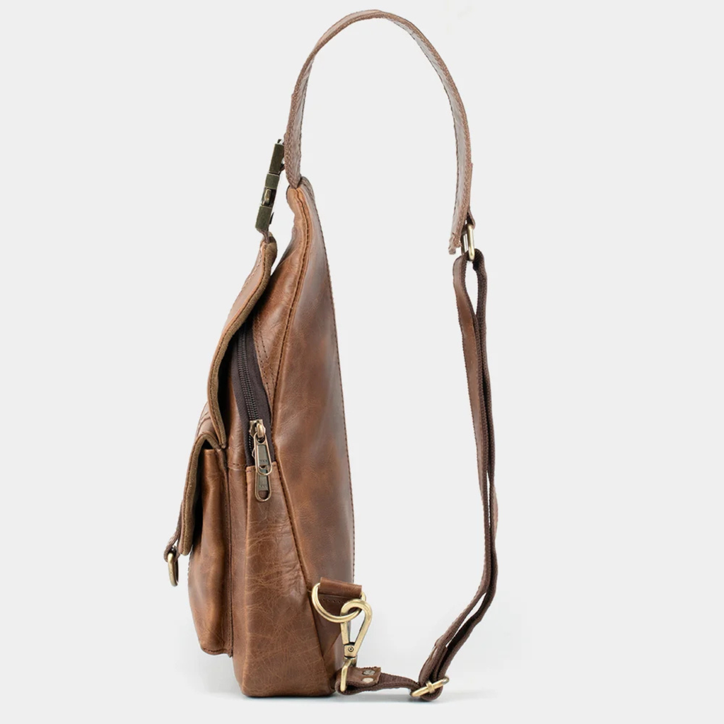Light brown full grain buffalo leather sling bag