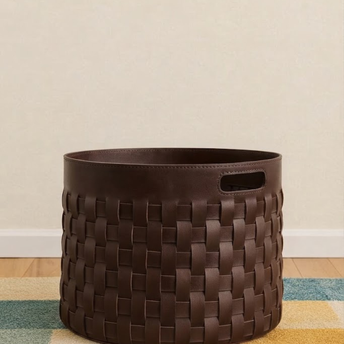 Dark Brown Handwoven Full-Grain Leather Storage Basket