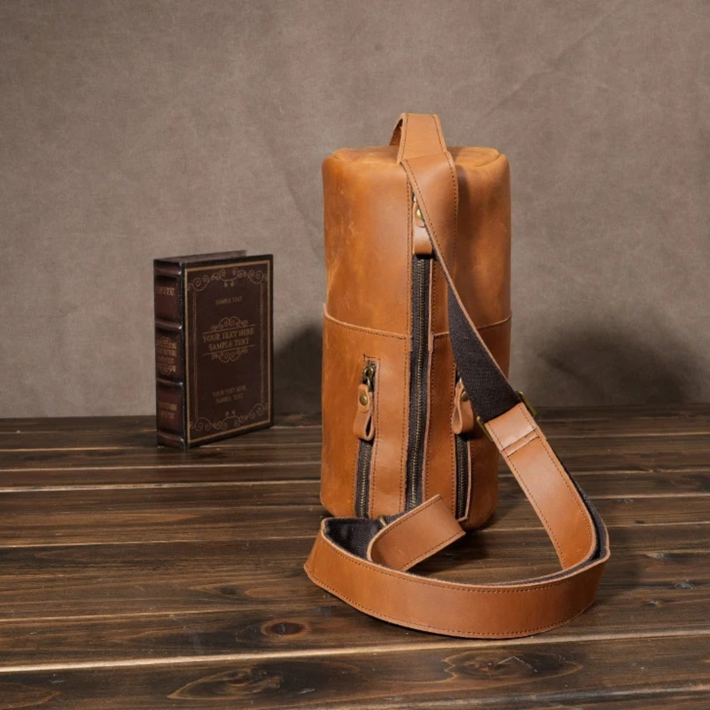 Full Grain  Cowhide Leather Round Barrel Bag – Men's Vintage Motorcycle Crossbody Sling Bag