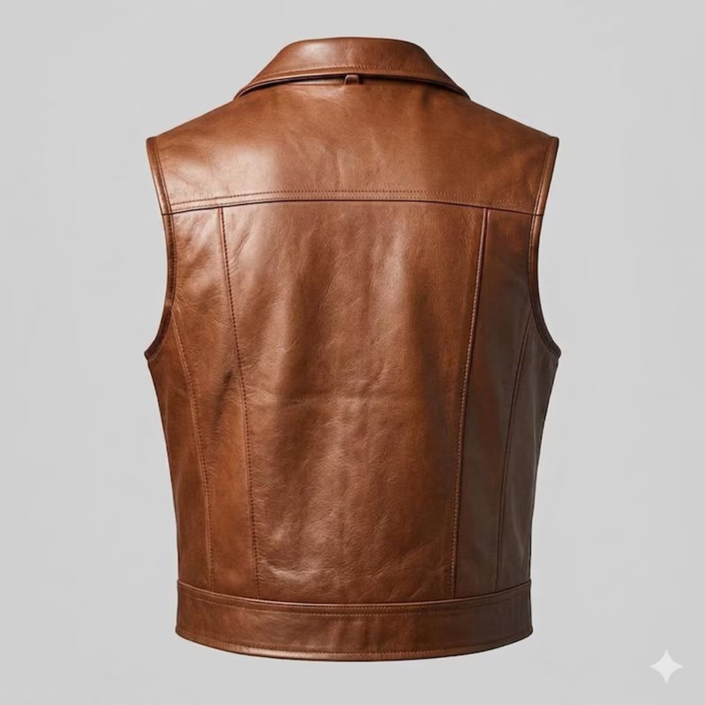 Men's Real Sheepskin Leather Biker Vest, Brown Sleeveless Motorcycle Waistcoat for Men